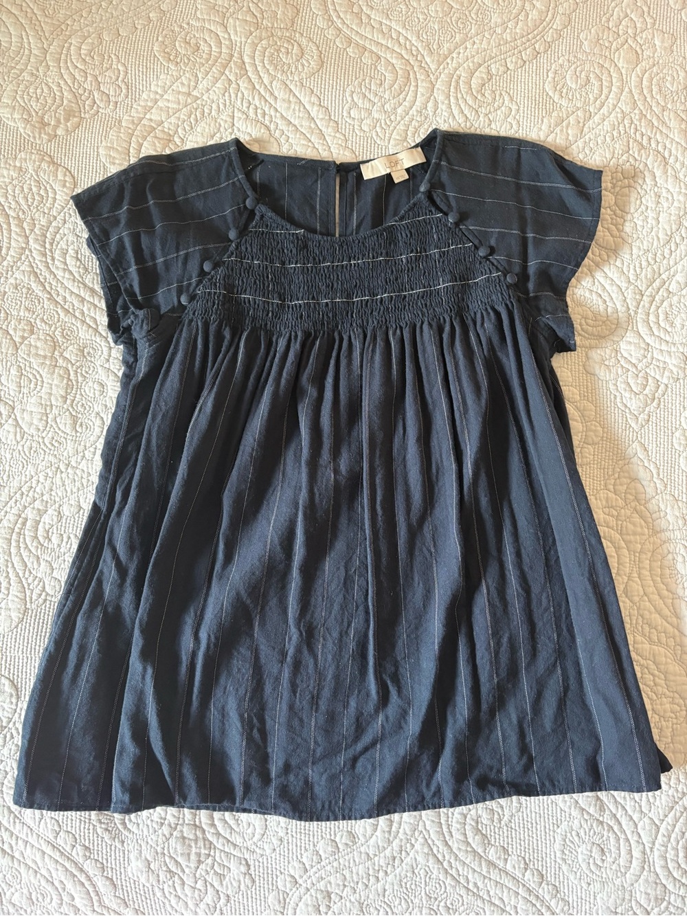 LOFT Navy Short Sleeve Smocked Yoke Top